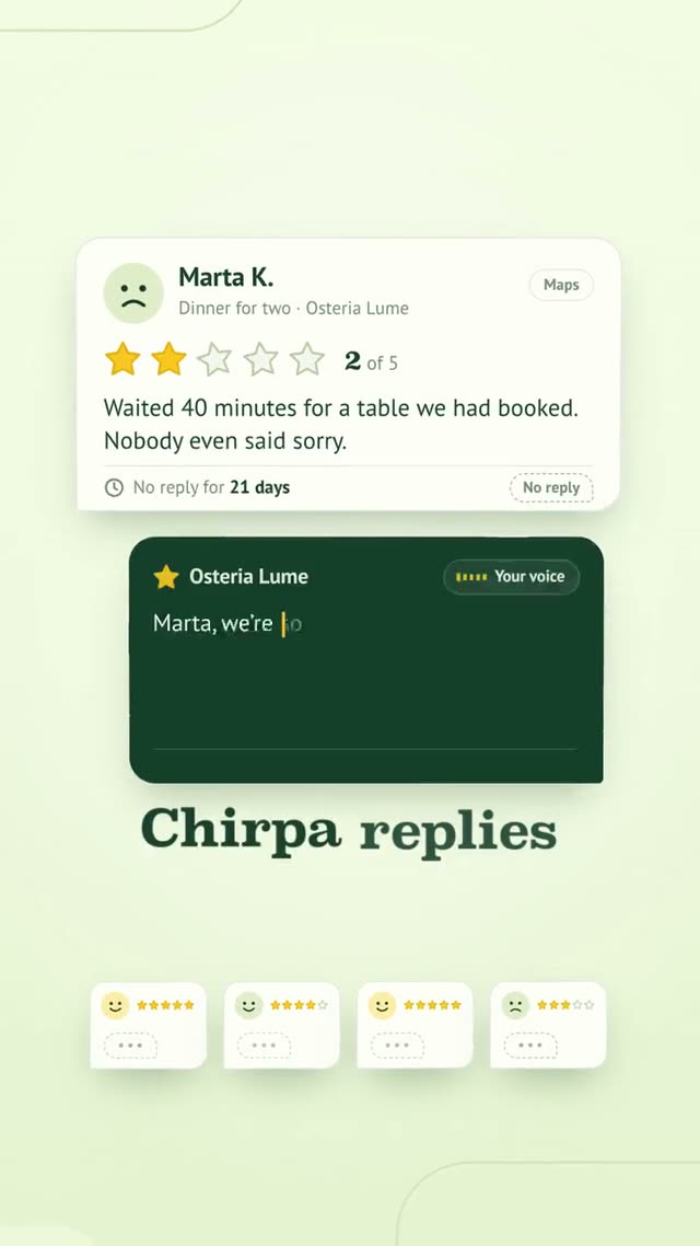 Chirpa: AI-generated product film for an AI that replies to customer reviews, motion design video in 9:16