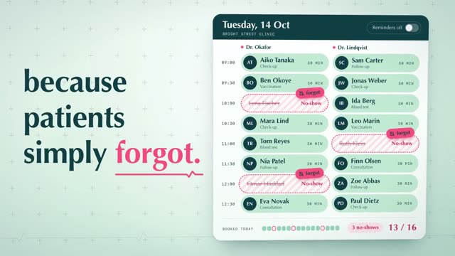 Clinqa: AI-generated product film for appointment reminders for clinics, motion design video in 16:9