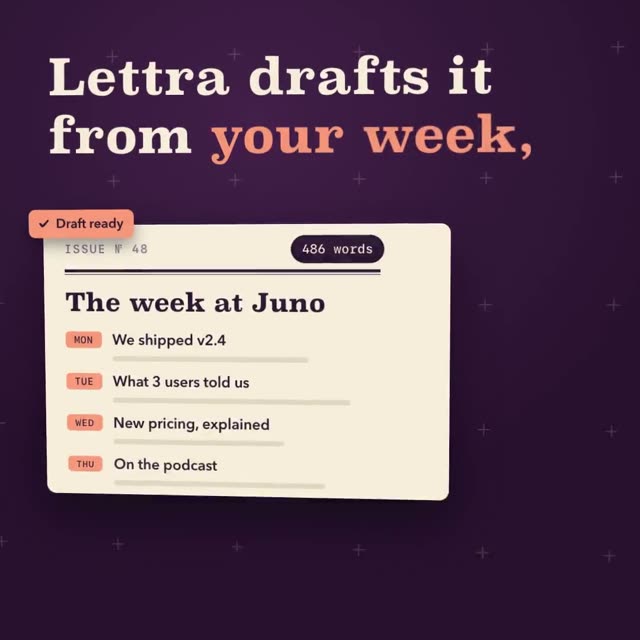 Lettra: AI-generated product film for a newsletter that drafts itself from your week, motion design video in 1:1