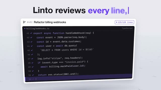 Linto: AI-generated product film for an AI code-review tool, motion design video in 16:9