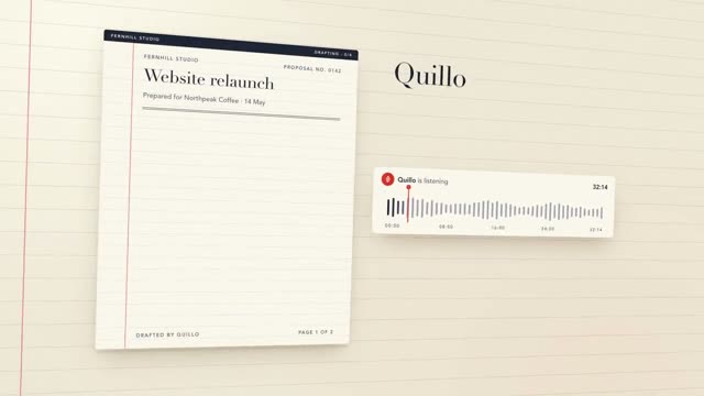 Quillo: AI-generated product film for an AI that writes proposals from sales calls, motion design video in 16:9