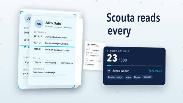 Scouta: AI-generated product film for an applicant-screening and interview-booking tool, motion design video in 16:9