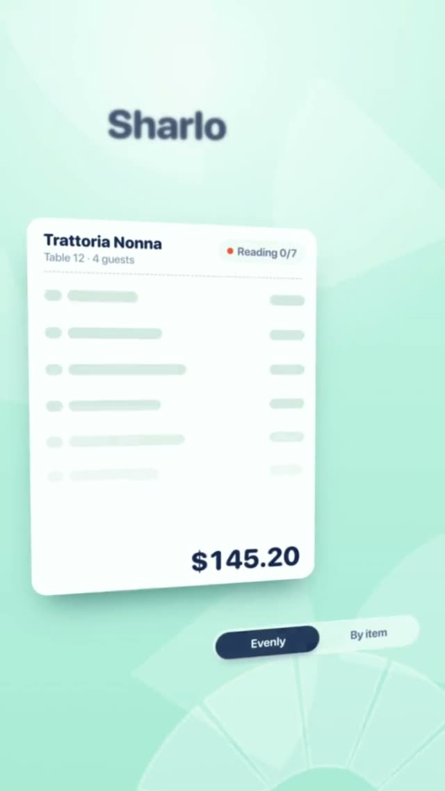 Sharlo: AI-generated product film for an app that splits restaurant bills between friends, motion design video in 9:16