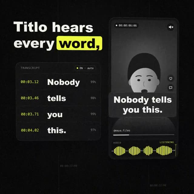Titlo: AI-generated product film for an AI caption tool, motion design video in Querformat