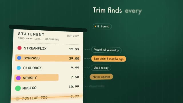 Trim: AI-generated product film for an app that finds and cancels forgotten subscriptions, motion design video in 16:9