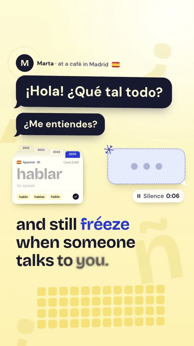 Vocado: AI-generated product film for an app that teaches a language through AI conversation, motion design video in 9:16